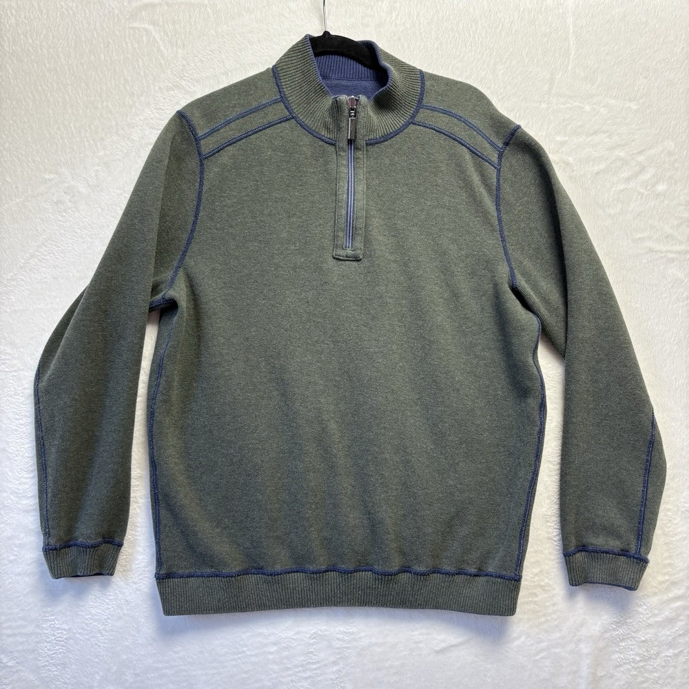 Tommy Bahama Sweater Men Medium Green Navy Flip Coast Half Zip Reversible